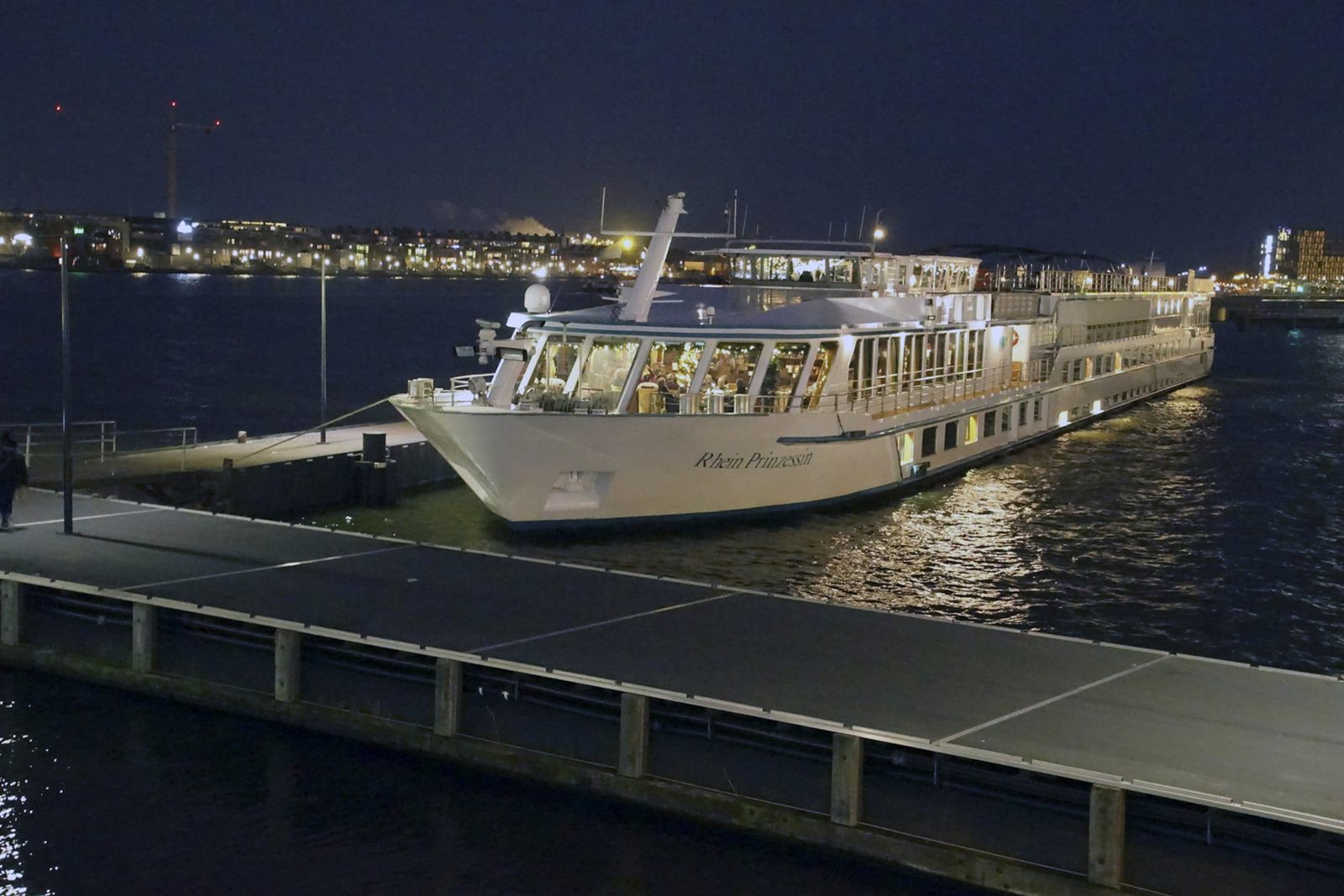 River cruise ship docked at night