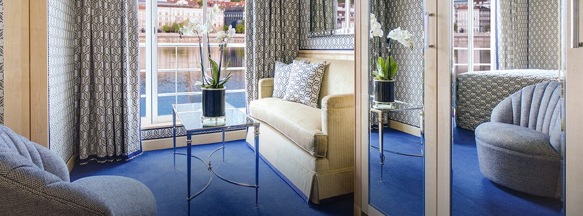 River cruise stateroom with sitting area