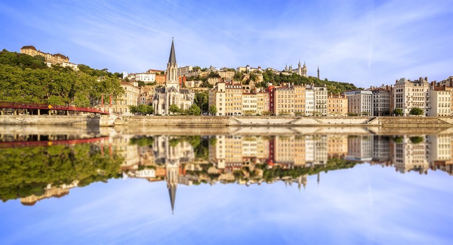 Calm Saone river reflecting Lyon